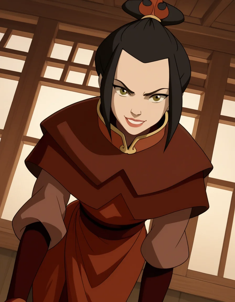 score_9, score_8_up, score_7_up, source_anime, <lora:azula-book2-ponyxl-lora-nochekaiser:1>, azula, black hair, brown eyes, topknot, sidelocks, hair bun, single hair bun, chinese clothes, capelet, sash, long sleeves, elbow gloves, , indoors, bent over, smile, looking at viewer, solo, cowboy shot, dutch angle