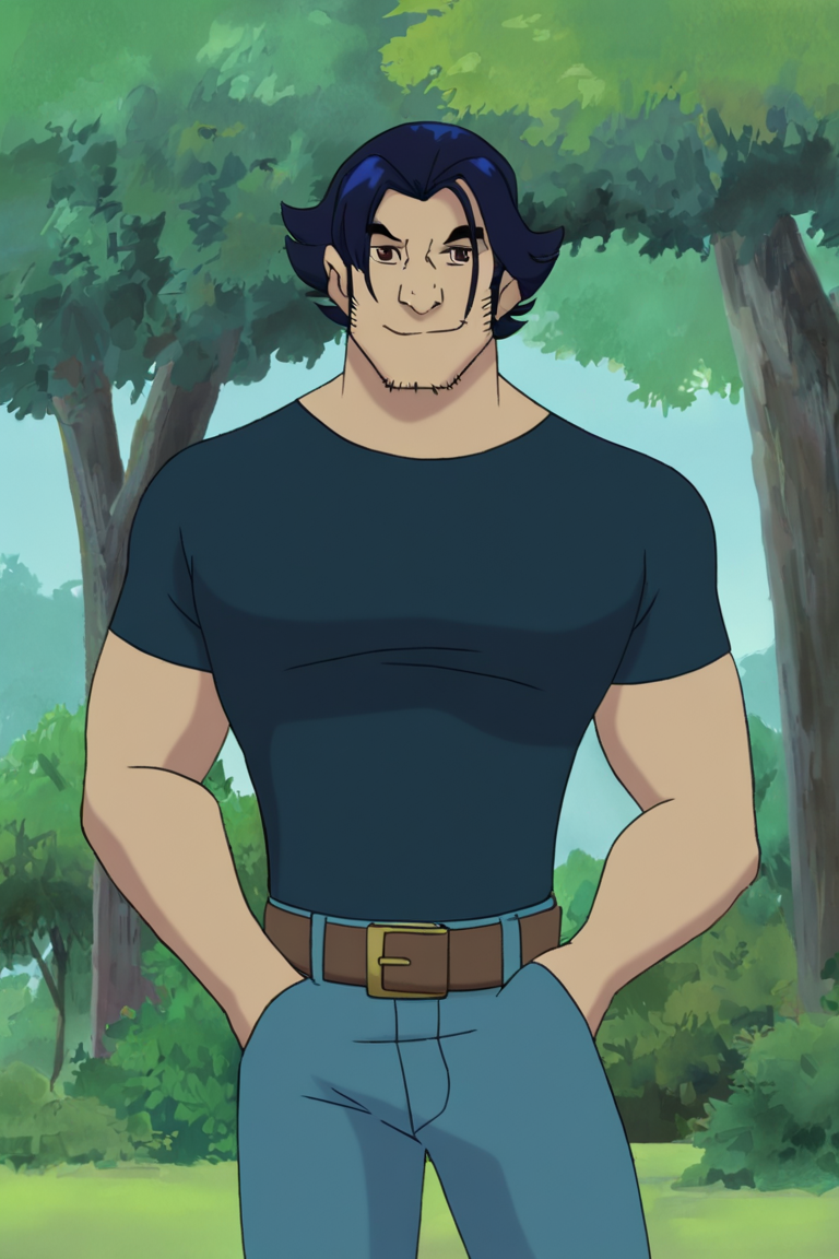 masterpiece, best quality, highres, newest, logan, 1boy, solo, male focus, mature male, short hair, dark blue hair, brown eyes, thick eyebrows, facial hair, stubble, sideburns, muscular, dark blue t-shirt, short sleeves, blue jeans, denim, brown belt, belt buckle, looking at viewer, smile, standing, cowboy shot, hands in pockets, outdoors, nature, tree <lora:Wolverine (Logan) X-Men Evolution (Only Logan) Lite v1.1 [LoRA] - NoobAI-XL EPS 1.0:0.8>