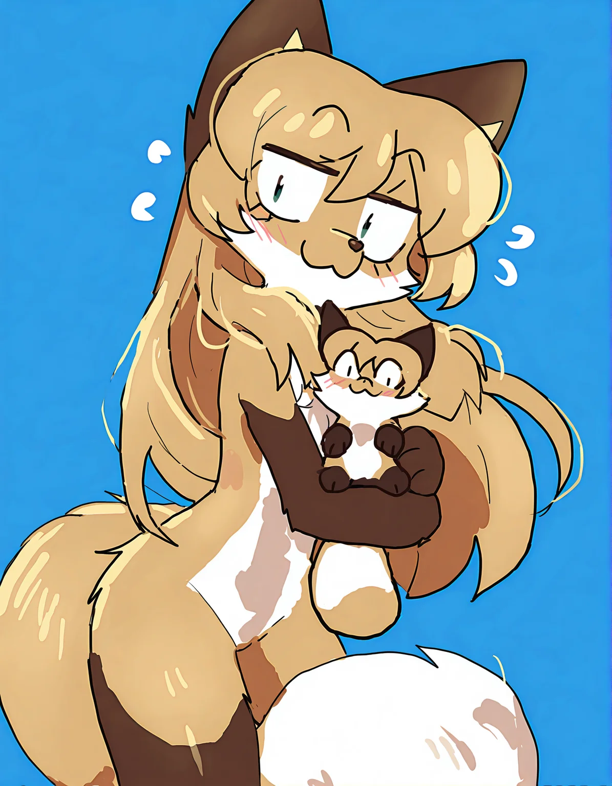 fiddleafox,
averi \(fiddleafox\), closed eyes, animal ears, tail, furry female, long hair, 1girl, furry, fox ears, :3, fox tail, blue background, simple background, blush, sensitive, fox girl, holding, nude, closed mouth, blonde hair, body fur, holding animal, solo, brown fur, animal nose, cowboy shot, brown hair, fox
very awa, masterpiece, best quality, year 2024, newest, highres, absurdres, <lora:fiddleafox-style-noobai-vpred10:1>