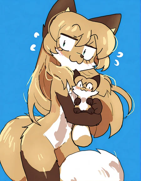 fiddleafox,
averi \(fiddleafox\), closed eyes, animal ears, tail, furry female, long hair, 1girl, furry, fox ears, :3, fox tail, blue background, simple background, blush, sensitive, fox girl, holding, nude, closed mouth, blonde hair, body fur, holding animal, solo, brown fur, animal nose, cowboy shot, brown hair, fox
very awa, masterpiece, best quality, year 2024, newest, highres, absurdres, <lora:fiddleafox-style-noobai-vpred10:1>