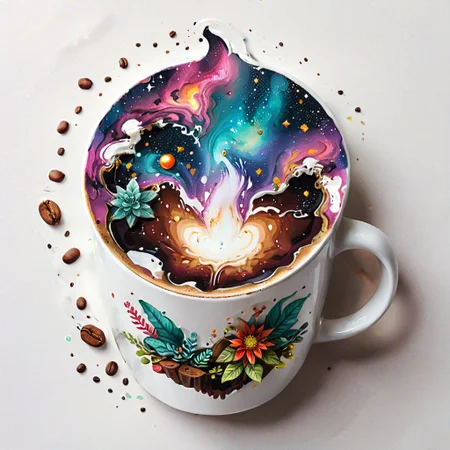 Very details galaxy inside a cup of coffee, white background, pro vector, full design, 6 colors only, solid colors, no shadows, full design, warm colors, plants, isometric pendleton patterns, sticker, bright colors.  Fantasy decor cup. Cosmic background.