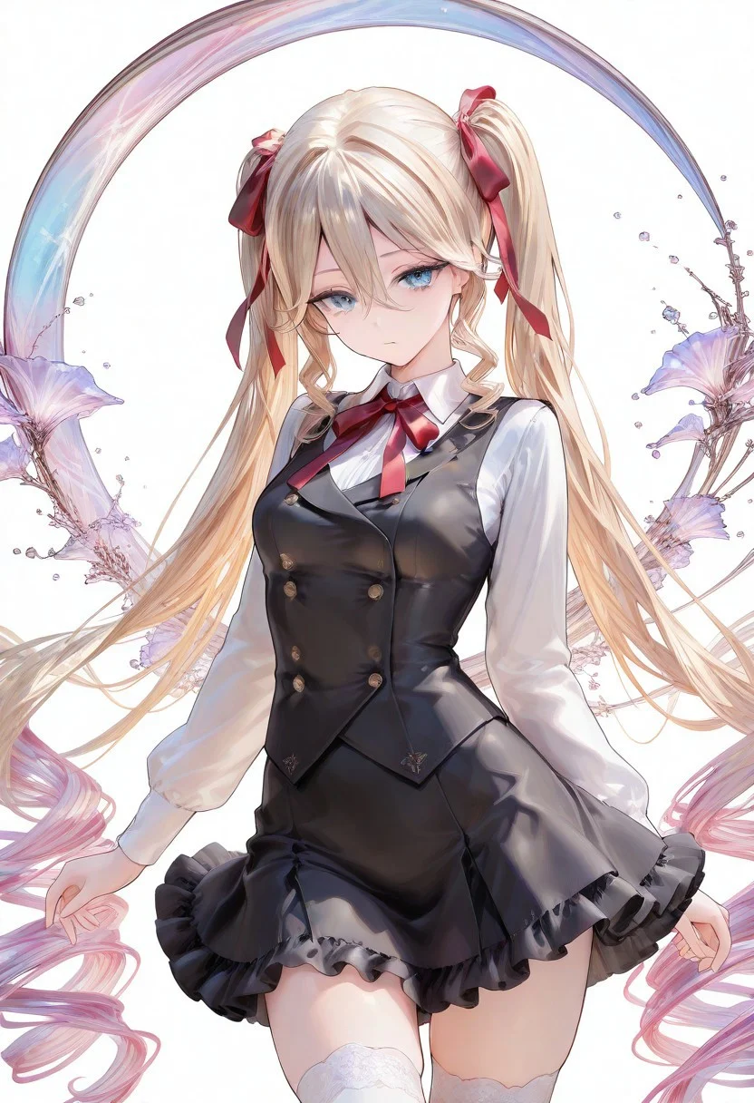 masterpiece, best quality, very aesthetic, absurdres,
cowboy shot, 1girl,
paleta \(fantasica\), illusionary art, blue eyes, blonde hair, very long hair, twintails, hair between eyes, sidelocks, small breasts, BREAK,
hair ribbon, neck ribbon, red ribbon, white shirt, collared shirt, long sleeves, black vest, double-breasted, frilled skirt, black skirt, white thighhighs, zettai ryouiki,