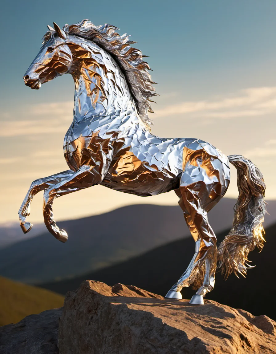 A majestic stallion made of tin foil, bathed in golden hour sunlight, standing proudly atop a windswept mountain peak. Its muscles ripple beneath its glossy coat, and its mane and tail flow wildly in the breeze. Rendered in a hyper-realistic, super detailed style, reminiscent of professional digital photography and concept art. Smooth, sharp focus emphasizes the intricate details of the horse's anatomy and the breathtaking landscape. The lighting mimics the Unreal Engine 5's dynamic ray tracing, casting dramatic shadows and highlighting the stallion's regal presence. The overall style leans towards an extreme illustration, showcasing the horse as a powerful and mythical creature.
<lora:TinFoilXL:1>