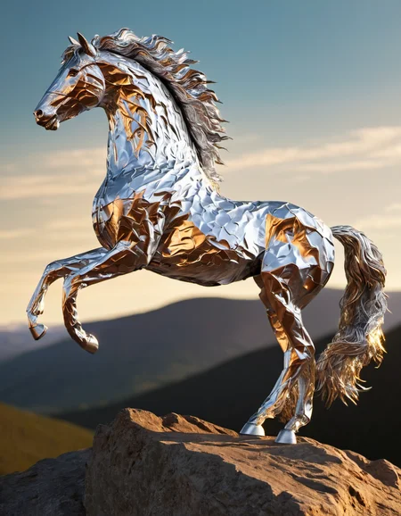 A majestic stallion made of tin foil, bathed in golden hour sunlight, standing proudly atop a windswept mountain peak. Its muscles ripple beneath its glossy coat, and its mane and tail flow wildly in the breeze. Rendered in a hyper-realistic, super detailed style, reminiscent of professional digital photography and concept art. Smooth, sharp focus emphasizes the intricate details of the horse's anatomy and the breathtaking landscape. The lighting mimics the Unreal Engine 5's dynamic ray tracing, casting dramatic shadows and highlighting the stallion's regal presence. The overall style leans towards an extreme illustration, showcasing the horse as a powerful and mythical creature.
<lora:TinFoilXL:1>