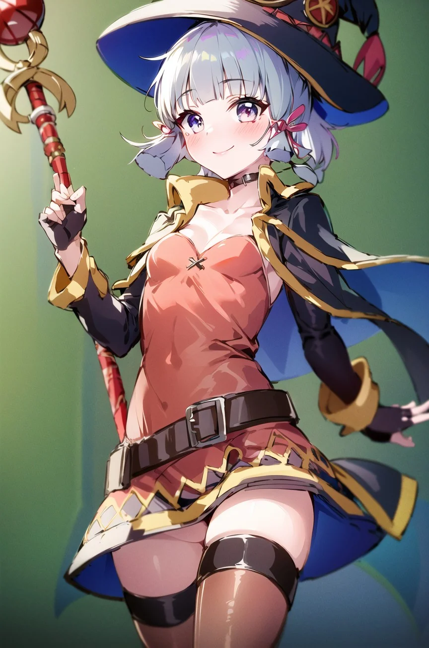 1girl, solo, megumin, hat, gloves, witch hat, smile, cape, belt, black thighhighs, thighhighs, fingerless gloves, bandages, looking at viewer, blush, dress, red eyes, bandaged leg, single thighhigh, simple background, black hair, v, staff, red dress, collarbone, small breasts, short hair, breasts, (masterpiece,best quality)