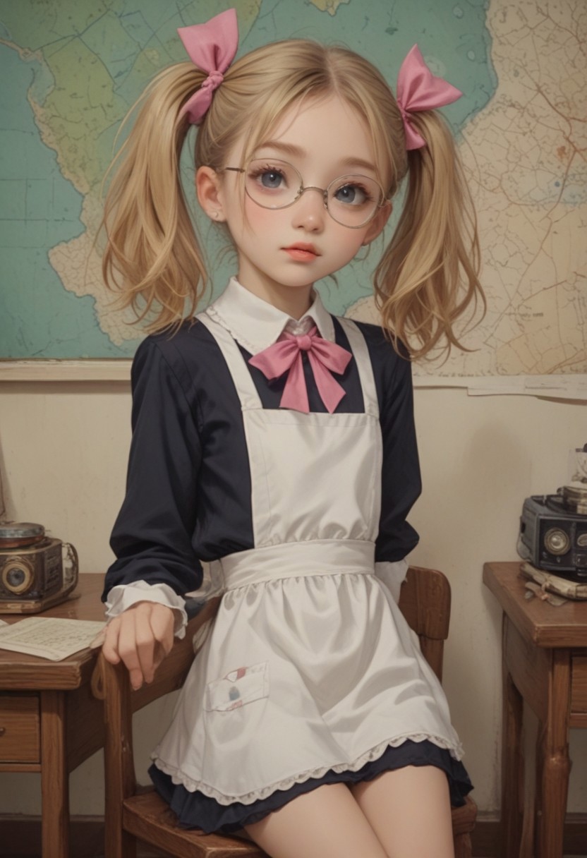 masterpiece,best quality,amazing quality, score_9, score_8_up, score_7_up, ultra sharp, beautiful face
Olya znaykina, blonde hair, twintails with pink bows, round glasses, black short minidress, white apron, shoes with white socks 
, cute, 
, detailed eyes, 
Cowboy shot, view legs,
Desk, chair, map, blackboard,