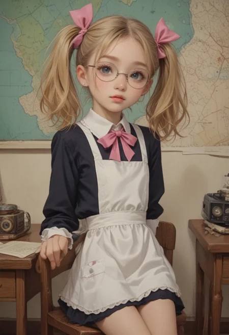 masterpiece,best quality,amazing quality, score_9, score_8_up, score_7_up, ultra sharp, beautiful face
Olya znaykina, blonde hair, twintails with pink bows, round glasses, black short minidress, white apron, shoes with white socks
, cute,
, detailed eyes,
Cowboy shot, view legs,
Desk, chair, map, blackboard,