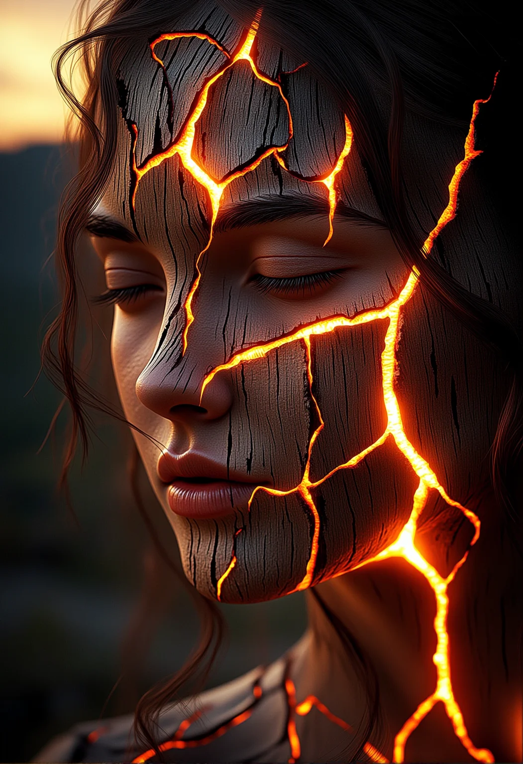 A close-up of a young woman whose skin is partially embellished with glowing wood veins that flicker softly in the light, her eyes open and piercing, her hair flowing softly|A close-up of a tree with ember-like veins glowing faintly against a fiery twilight sky, with wooden veins flickering softly, glowing subtly in a few sections}|A wide-angle shot of a majestic deer standing in a glowing forest, its fur merging with wooden patterns that glow faintly in the soft light}|A panoramic view of a glowing wooden temple at dusk, with parts of the wooden structure softly glowing, casting gentle light onto the surroundings}|A massive dragon flying over a mountain range at twilight, glowing wooden cracks running along its wings, casting faint light onto the ground below|A mythical phoenix rising from glowing wooden ashes, its wings merging with soft, glowing wooden veins, radiating warmth as it soars}} Epic cinematic lighting, soft glowing wood textures, subtle embers, dramatic shadows, backlit glow, high contrast, silhouetted figures against light, deep focus, ultra-realistic details, vivid colors, high dynamic range, volumetric lighting, breathtaking scale, photorealism, hyper-sharp focus, intricate details, stunning cinematic atmosphere. , <lora:bv-glowing-wood-v1.safetensors:1.0:1.0>