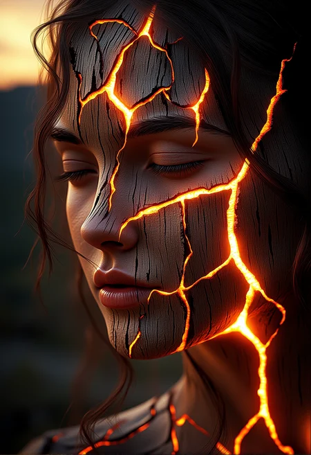 A close-up of a young woman whose skin is partially embellished with glowing wood veins that flicker softly in the light, her eyes open and piercing, her hair flowing softly|A close-up of a tree with ember-like veins glowing faintly against a fiery twilight sky, with wooden veins flickering softly, glowing subtly in a few sections}|A wide-angle shot of a majestic deer standing in a glowing forest, its fur merging with wooden patterns that glow faintly in the soft light}|A panoramic view of a glowing wooden temple at dusk, with parts of the wooden structure softly glowing, casting gentle light onto the surroundings}|A massive dragon flying over a mountain range at twilight, glowing wooden cracks running along its wings, casting faint light onto the ground below|A mythical phoenix rising from glowing wooden ashes, its wings merging with soft, glowing wooden veins, radiating warmth as it soars}} Epic cinematic lighting, soft glowing wood textures, subtle embers, dramatic shadows, backlit glow, high contrast, silhouetted figures against light, deep focus, ultra-realistic details, vivid colors, high dynamic range, volumetric lighting, breathtaking scale, photorealism, hyper-sharp focus, intricate details, stunning cinematic atmosphere. , <lora:bv-glowing-wood-v1.safetensors:1.0:1.0>
