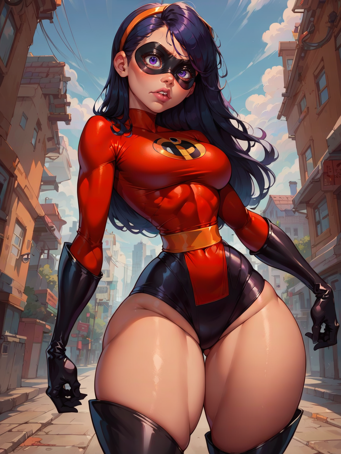 <lora:Violet Parr:0.4> vio_p, 1girl, slender body, fair skin, pink lips, bluish-purple eyes, long straight hair, black hair, supersuit, black eye mask, orange headband, red unitard,  orange belt, black gloves, black bottoms, thigh-high black boots,
 <lora:mfcgXL:0.9> large breasts, thick thighs, score_9, score_8_up, score_7_up,