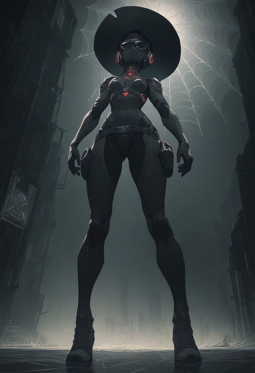 (score_9,score_8_up,score_7_up:1), 1girl, full body, low angle view from below, old spider web, big cowboy hat, futuristic mirror sunglasses, full face headset, body armor, neon light