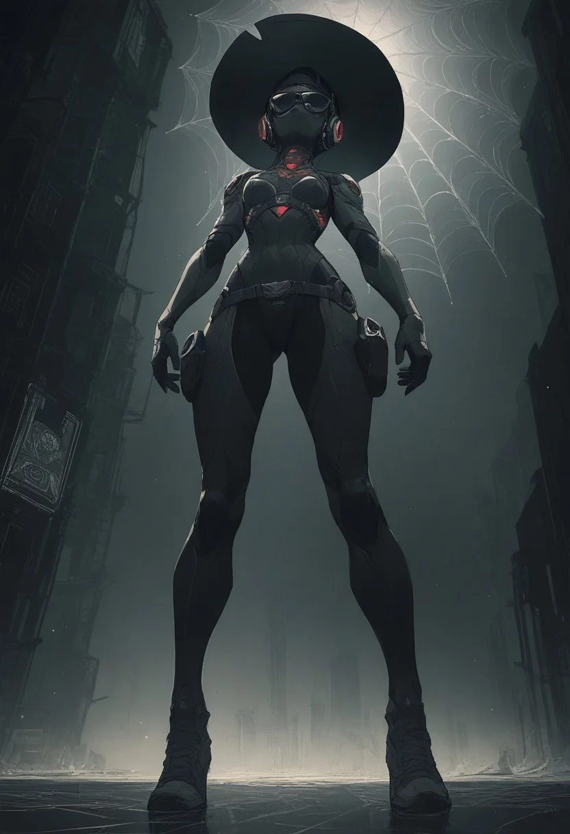 (score_9,score_8_up,score_7_up:1), 1girl, full body, low angle view from below, old spider web, big cowboy hat, futuristic mirror sunglasses, full face headset, body armor, neon light
