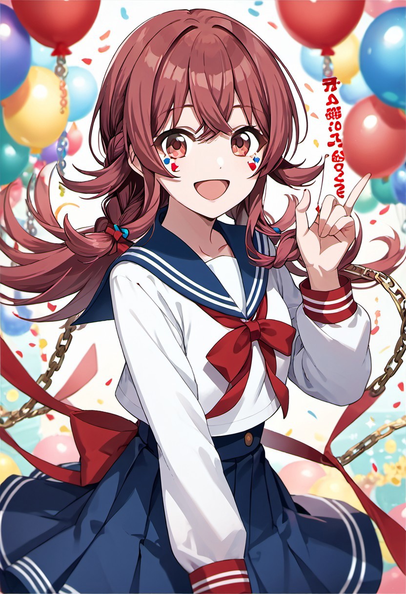 score_9, score_8_up, score_7_up, source_anime,komiya kaho, red hair, long hair, red eyes, 1girl, solo, skirt, smile, looking at viewer, facial mark, blue skirt, braid, sailor collar, bow, chain, long sleeves, open mouth, happy birthday