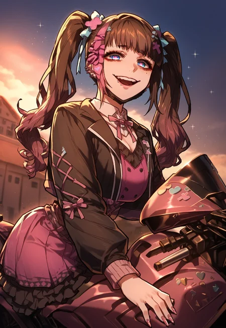 zPDXL3, score_9_up, score_8_up, score_7_up, (Anime_source), 1girl, QTHU, blue eyes, heart-shaped eyes, brown hair, long hair, mole under eye, twintails, lips piercing, QTHU clothes, sitting on motorcycle, looking at viewer, smile, open mouth, cowboy shot