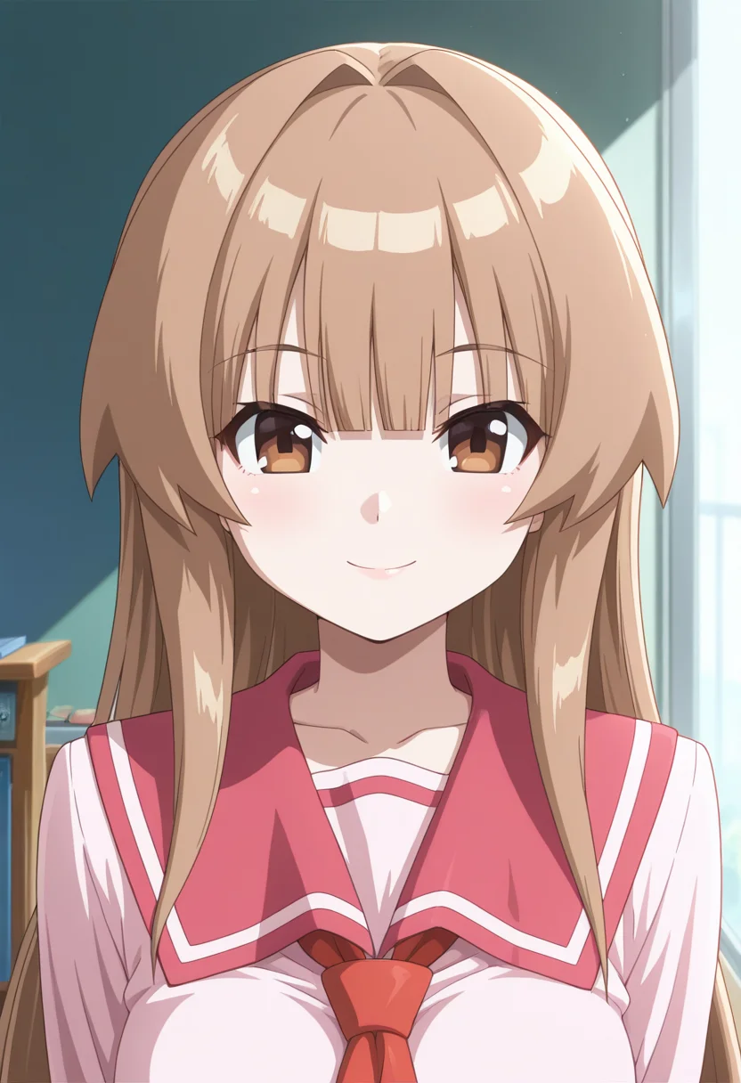 masterpiece, best quality, amazing quality, 1girl, solo, (portrait:1.2), sunww, brown eyes, brown hair, long hair, very long hair, bangs, school uniform, pink serafuku, red sailor collar, pink shirt, looking at viewer, smile, indoors, day, skindentation, detailed clothing folds, depth of field, sharp, high contrast, dynamic light <lora:Seto_Sun_Seto_no_Hanayome_ill_v10:0.9>