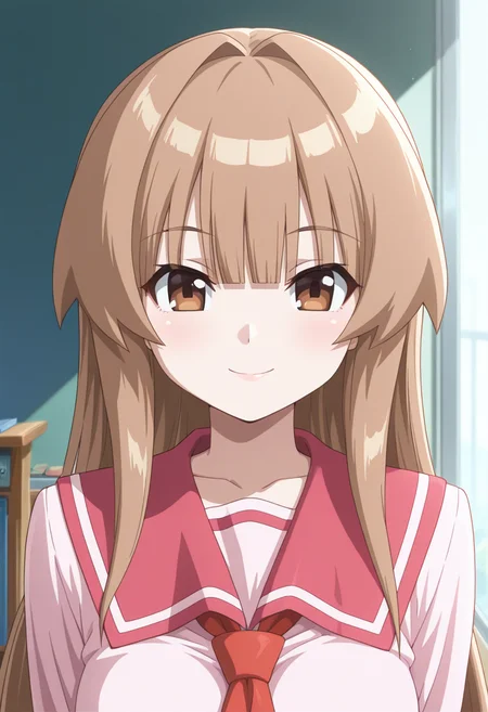 masterpiece, best quality, amazing quality, 1girl, solo, (portrait:1.2), sunww, brown eyes, brown hair, long hair, very long hair, bangs, school uniform, pink serafuku, red sailor collar, pink shirt, looking at viewer, smile, indoors, day, skindentation, detailed clothing folds, depth of field, sharp, high contrast, dynamic light <lora:Seto_Sun_Seto_no_Hanayome_ill_v10:0.9>