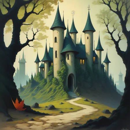 score_9, score_8_up, score_7_up, score_6_up, intricate, A detailed painting of an enchanted forest, where the trees are made of crystal and the leaves glow with an inner light. A narrow path winds through the forest, leading to a distant, mysterious castle. The atmosphere is both magical and slightly ominous., highly detailed <lora:ponys-dream:.9>