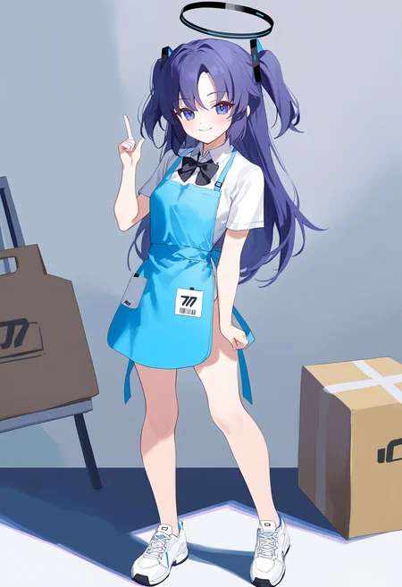 1girl,solo,masterpiece,best quality,newest,recent,
BREAK
1girl, solo, halo, yuuka \(blue archive\), apron, one eye closed, white background, purple hair, simple background, long hair, smile, full body, shirt, short sleeves, two side up, bow, white shirt, looking at viewer, shoes, blue apron, white footwear, bowtie, purple eyes, bangs, parted bangs, blush, blue eyes, closed mouth, sneakers, index finger raised, collared shirt, standing, black bow, black bowtie, ;\),
BREAK
<lora:å¦ä¸ç§è¾
ä½ä¿®æ£XLç¨sd_xl_dpo_lora_v1-128dim:1>,