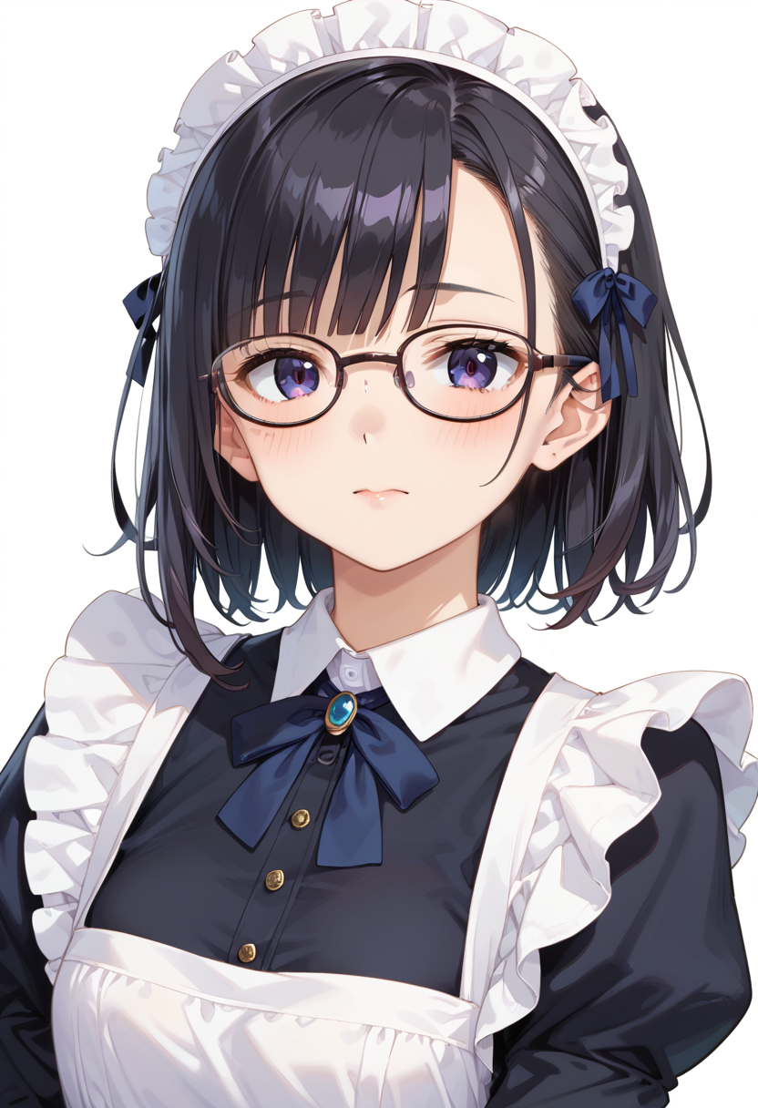 score_9, score_8_up, score_7_up, rating_safe, masterpiece, best quality, absurdres, unity 8k wallpaper, official art, official style, source_anime, uncensored, game cg, megami magazine,
1girl, solo, black hair, medium hair, upper body, covered eyes,maid, maid headdress, black dress, maid apron, face focus,
oval_metal, glasses, still life, white background, simple background, black-framed eyewear,
 <lora:glasses_OvalMetal2_PONY_V1:1>