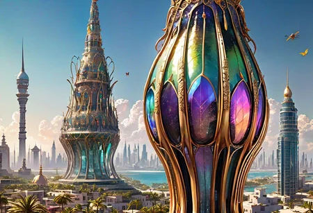 (masterpiece),(highest quality),highres, (extremely detailed), iridescent skyscrapers, prismatic city, spires, (view from balcony 2.0), sci-fi bridges between skyscrapers, gardens, brass filigree, tropical archipelago, city lights reflected in touqoise waters, ornate, cone shape glass, sci-fi city on atoll, ancient greece, colorful amphora, Prince of Persia Sands of Time Azad, insectoid skyscraper, insectoid city. clear skies, iridiscent, prism, baroque skyscrapers, iridescent insect wings, arab glasswork, dichroic glass, egyptian perfume bottles, butterfly skyscraper, bulbous skyscraper, alien city, OverallDetail-SDXL,