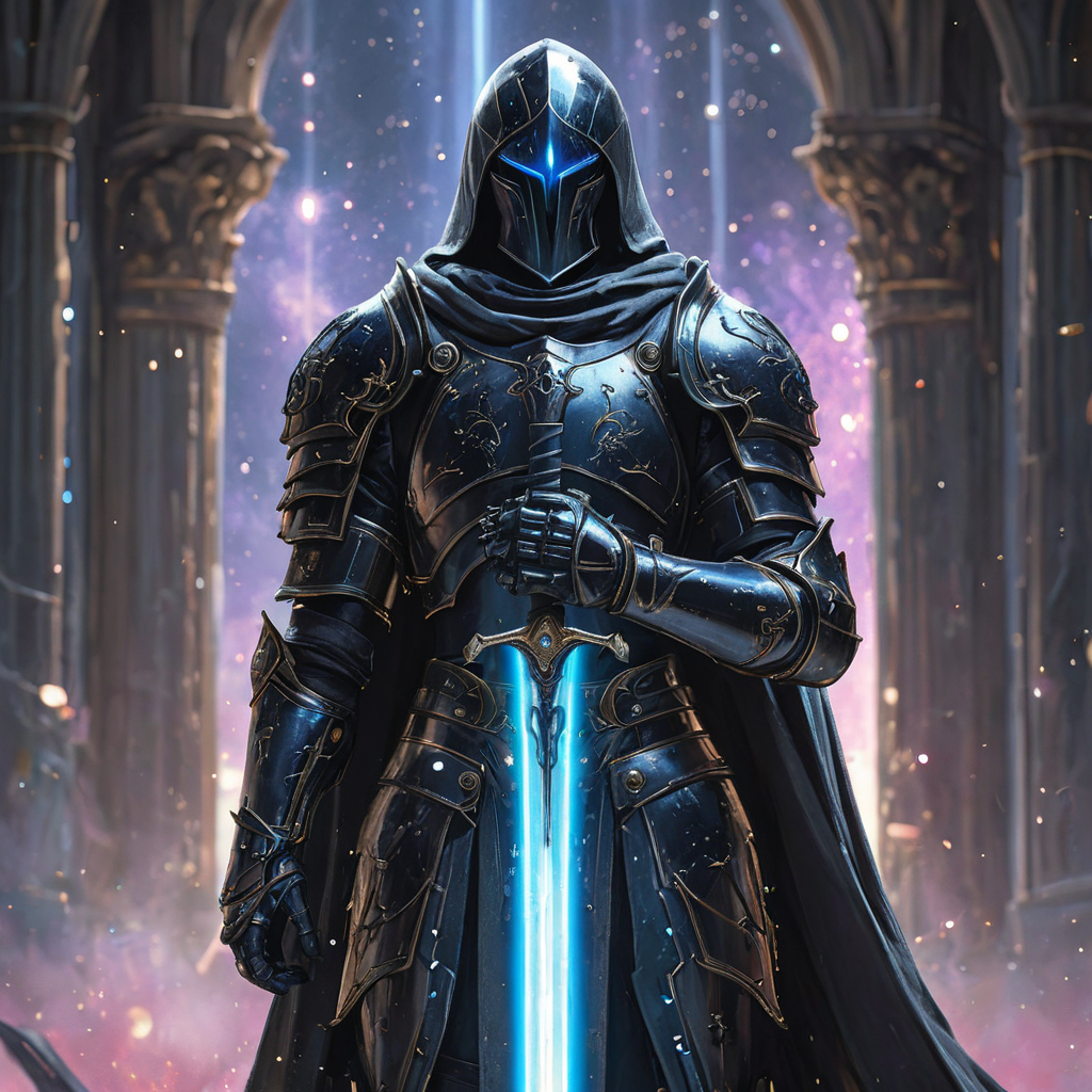 an anime image of a fantasy game knight, wielding a galaxy sword, galaxy print on the sword, wearing black armor, allay in background, HKStyle, HD, masterpiece, best quality, hyper detailed, ultra detailed,