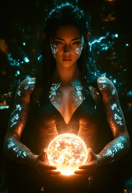 A young, athletic, 6 foot, half-japanes woman. She has medium-length dark hair that flows freely as she moves, and her expression is focused and determined. Three braids woven from her hair and cyan and golden electricity  cast glowing light.
She wears a black sleeveless loose top that shows cleavage, her large chesty and muscular arms. Her skin us covered with holographic tattoos of synthetic patterns and chip designs.
The tattoo glow with cyan and golden light from within. Highlighting the futuristic scene.
She holds a crystal ball in front of her and gazes into it. The crystal ball glows woth golden and cyan energies swirling in it forms complex code script patterns.
Close up, 50mm lens, Canon, rim lights, strip lights, soft shadows, golden ligh from right, neon cyan light from left
breathtaking, exquisitely detailed RAW HDR color photograph, capturing a masterpiece of realism with fine grain and crisp clarity. The image presents a stunning and captivating scene with brilliant lighting and a magnificent composition that adheres to the rule of thirds
film-style composition evokes the elegance of a world-famous painting. The final result is a lustrous, high-resolution image with rich detail and delicate, exquisite grain, making it ideal for wallpaper art or product shots. The centered composition emphasizes the subject, creating a strong, magnificent visual that serves as the perfect backdrop.