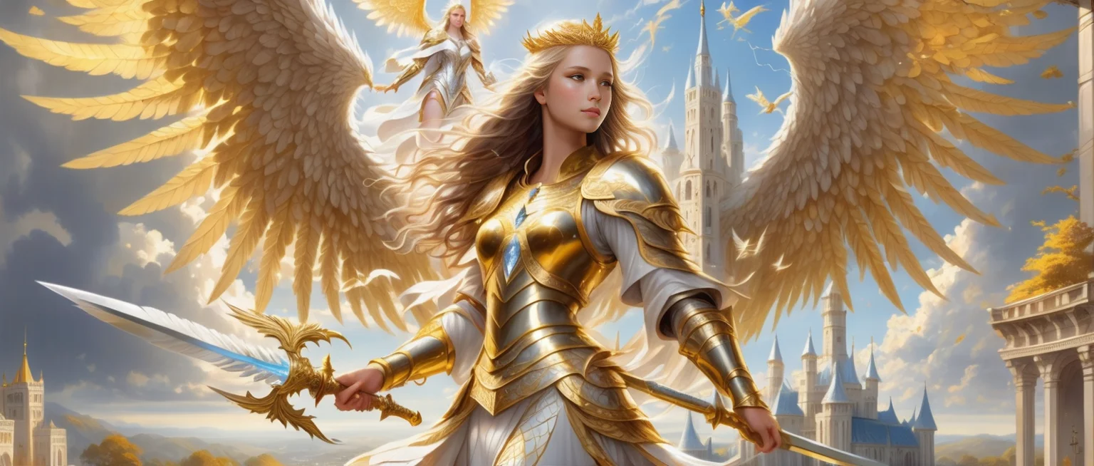 Angel with diamond sword in hand,havens gate,clouds,heava golde armor,silver gold wings,feminin crown,thunder,white little birds flying in background,golden tree,white dragon in the sky,army of angels in background, complex architecture, white eyes, sfw, queen, other angeld flying in background,