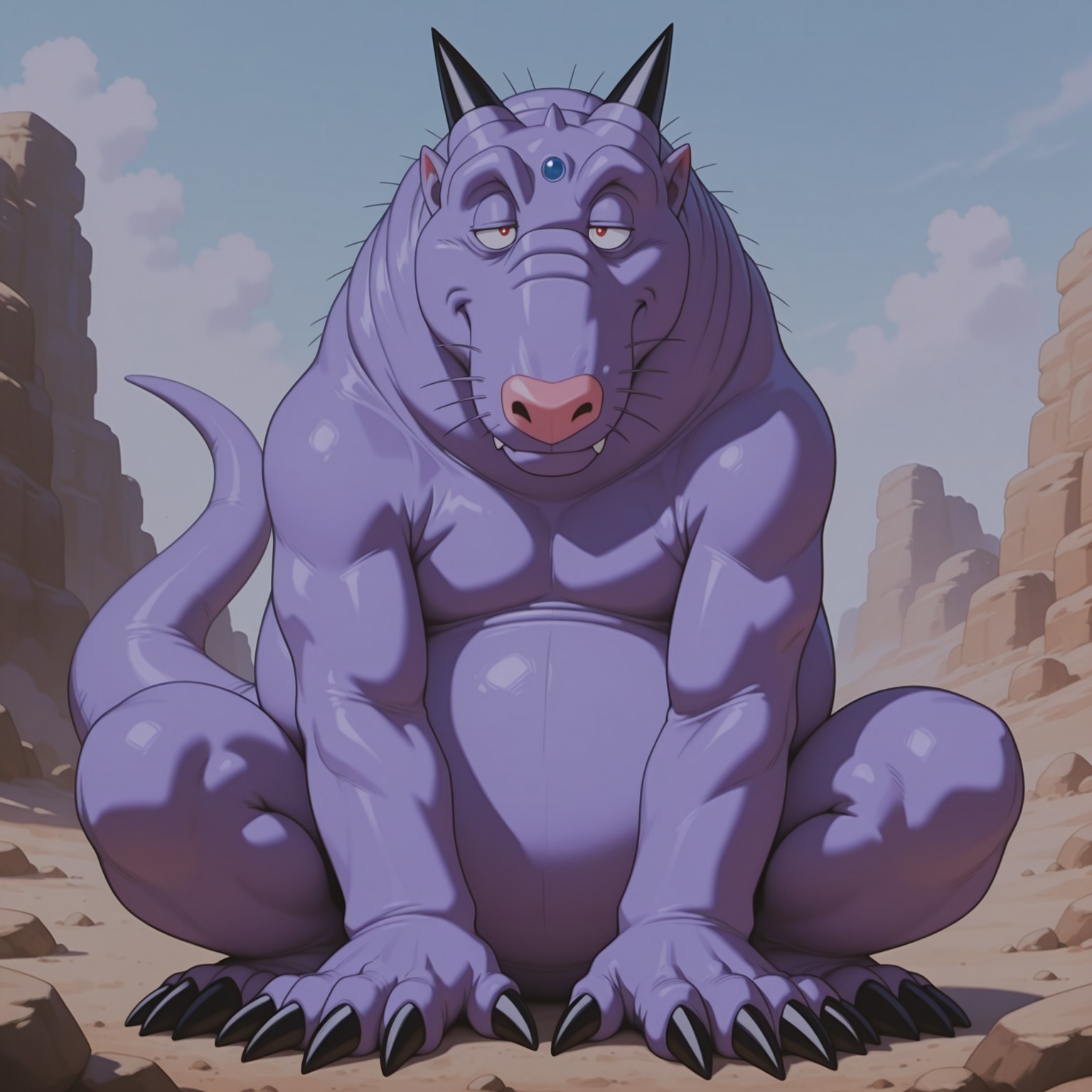 masterpiece, best quality, amazing quality, very aesthetic, absurdres, newest, Solo, 2d, 4 toes, male, scalie, Moleshenron, monster, whiskers, pink nose, purple skin, black horns, red pupils, black claws, toe claws, tail, pointy ears, blue forehead jewel, 

BREAK looking at viewer, smile, half closed eyes, outside, outdoors, full body, simple background, sitting,