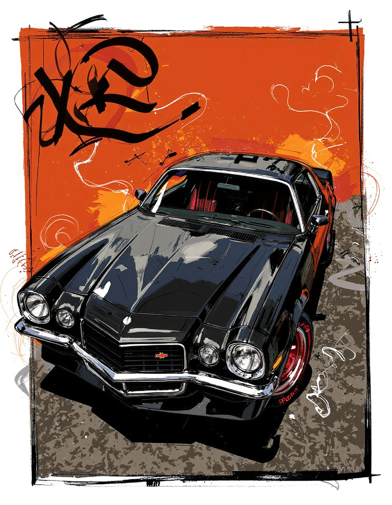 A retro-inspired poster illustration featuring a sleek, chrome-plated 1970s Chevrolet Camaro, its curved lines and angular edges evoking a sense of nostalgia for a bygone era. The car's glossy black paint job seems to ripple with depth, with subtle reflections of the surrounding environment visible in its polished surface. A few wisps of smoke drift lazily from the tailpipe, adding a sense of motion and energy to the image. The Camaro's wheel rims are adorned with vibrant, red-tinted hubcaps that seem to glow with an inner light, drawing the viewer's eye upwards towards the car's gleaming chrome grille.