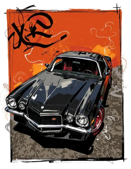A retro-inspired poster illustration featuring a sleek, chrome-plated 1970s Chevrolet Camaro, its curved lines and angular edges evoking a sense of nostalgia for a bygone era. The car's glossy black paint job seems to ripple with depth, with subtle reflections of the surrounding environment visible in its polished surface. A few wisps of smoke drift lazily from the tailpipe, adding a sense of motion and energy to the image. The Camaro's wheel rims are adorned with vibrant, red-tinted hubcaps that seem to glow with an inner light, drawing the viewer's eye upwards towards the car's gleaming chrome grille.