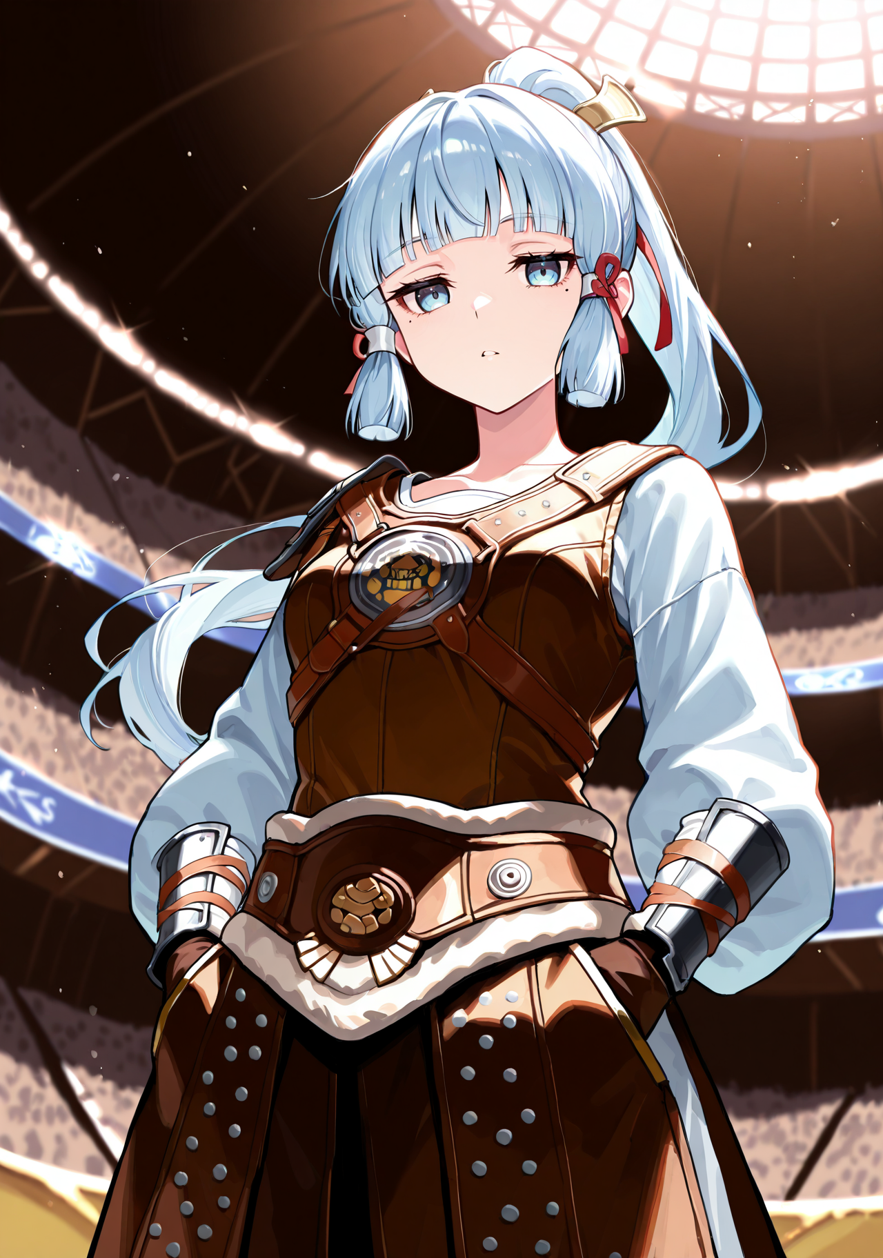 masterpiece, best quality, 1girl, solo, basekamiaya, light blue hair, blunt bangs, mole under eye, ponytail, long hair, hair ribbon, dovahkiin armor, arena, audience, hands in pockets, blue eyes, hair ornament, brown gauntlets, from below, looking at viewer, bored, jitome, parted lips