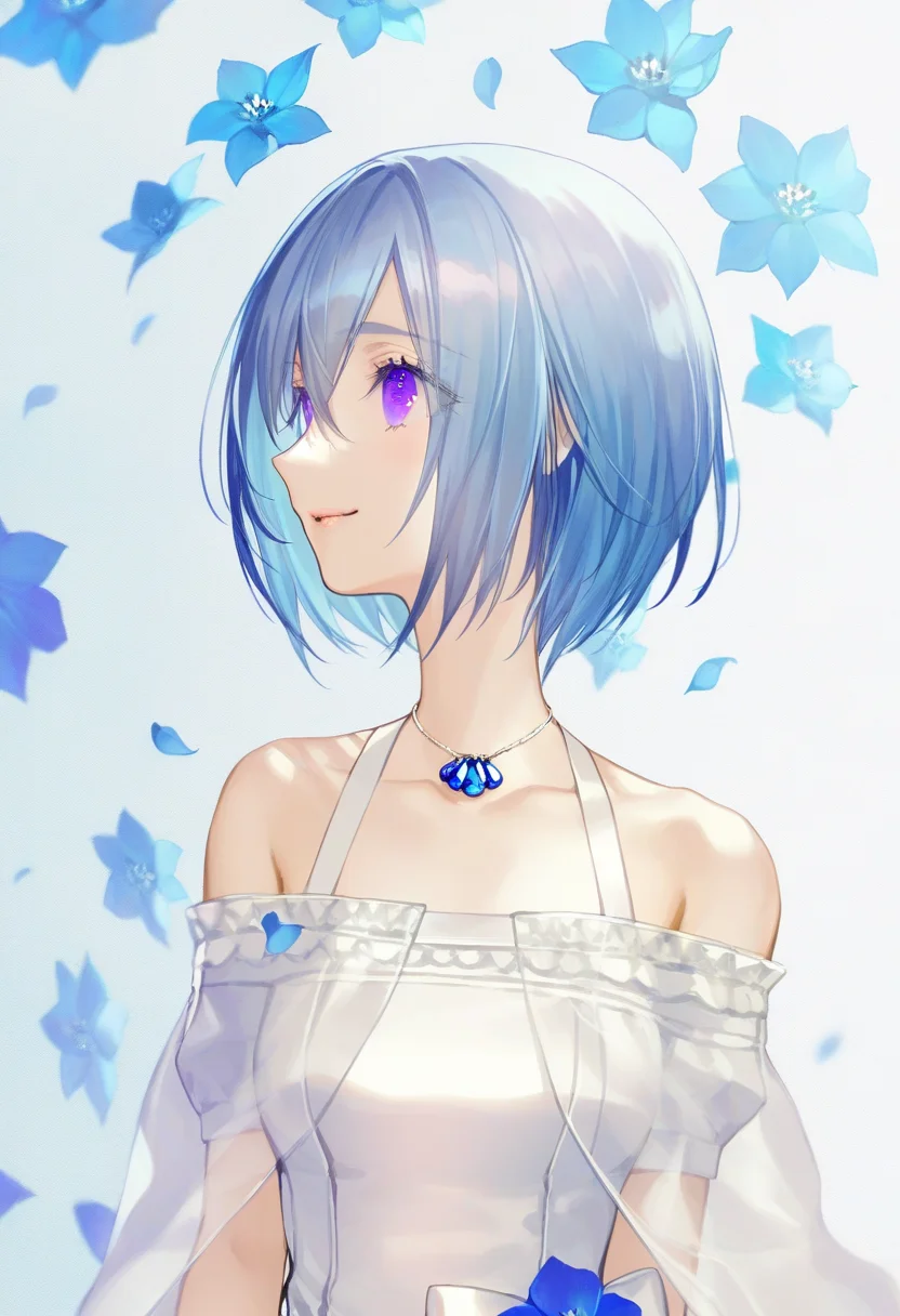 artist:gomzi,artist:wanke,artist:diyokama, rei_(sanbonzakura),[[artist:fuzichoco]],year 2023, 1girl, solo,jillian littner, blue hair, purple eyes, short hair, jewelry, necklace, white dress, off-shoulder dress, blue flower, frilled dress,  upper body, smile,  <lora:ntmf_majorcharacters.ilxl:1>