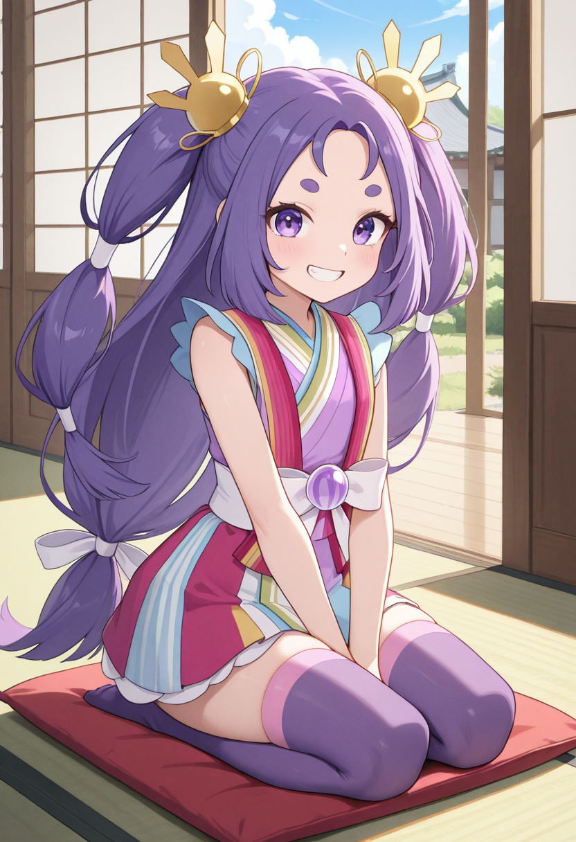 1girl,solo,<lora:irohappnil-000010:0.9>,iroha_ppn,purple eyes,purple hair,long hair,twintails,short eyebrows,thick_eyebrows,hair ornament,low-tied long hair,kimono,japanese clothes,sleeveless,multicolored clothes,purple thighhighs,white obi,looking_at_viewer,cowboy_shot,smile,grin,cloud,seiza,tatami,zabuton,east_asian_architecture,garden,day,incredibly absurdres,masterpiece,best quality,good quality,newest,