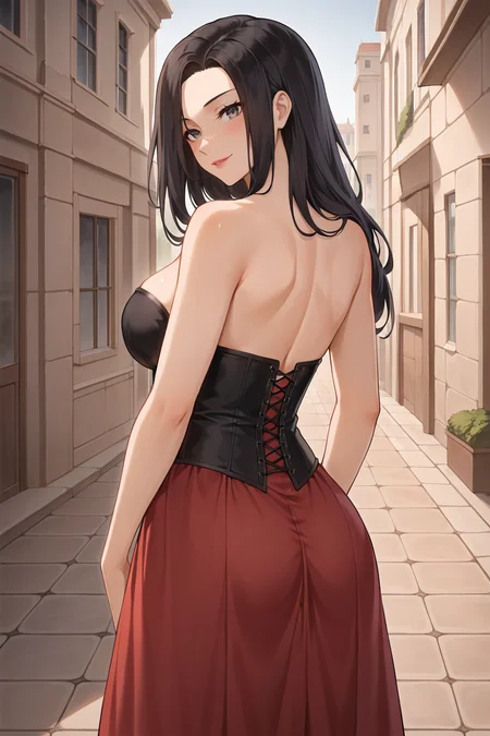 score_9, score_8_up, score_7_up, source_anime, 1girl, prefect lighting, very aesthetic, intricate details, highly detailed background, masterpiece, high quality, prefect hands, best quality, solo,
<lora:Martha_Throtem_V2:.85>, KJOmartha, black hair, grey eyes, parted bangs, long hair,
red skirt, black belt, corset, bare shoulders,
from behind, seductive smile, smirk, blush, looking back, head tilt,
daytime, street, sunny, building,
(Beautiful, large Breasts:1.2), natural breasts,