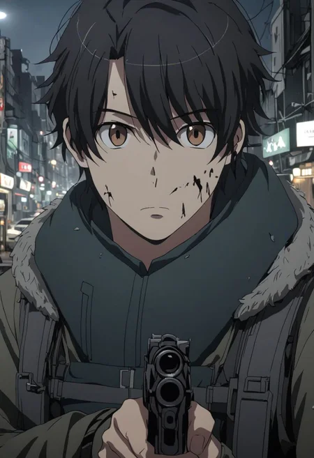 Highres, Masterpiece, High Quality, 4K, 8K, solo, 1Boy, Soujirou Agata, brown eyes, black hair, potrait, midnight, quiet street, big city, dim street lights, scattered trash, dirty, cold, tense, mysterious, sharp eyes, merciless, threatening, weapon, gun, pointing a weapon at the viewer, threatening, easynegative, detailed_eye_model