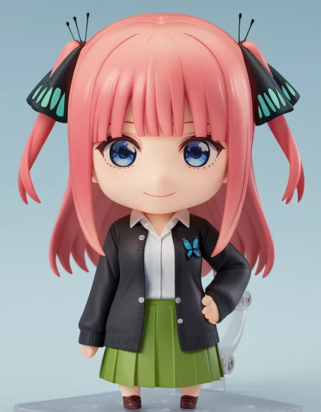 score_9, score_8_up, score_7_up, source_anime,
ninonakano, <lora:nino-nakano-s2-ponyxl-lora-nochekaiser:0.5>,
nino nakano, long hair, bangs, blue eyes, hair ornament, hair ribbon, pink hair, blunt bangs, two side up, butterfly hair ornament, mature female,
skirt, shirt, long sleeves, white shirt, pleated skirt, open clothes, collared shirt, sleeves past wrists, dress shirt, cardigan, green skirt, open cardigan, black cardigan,
<lora:nendoroid-figurines-ponyxl-lora-nochekaiser:1>, nendoroid, 1girl, solo, smile, v, hand on own hip, chibi,