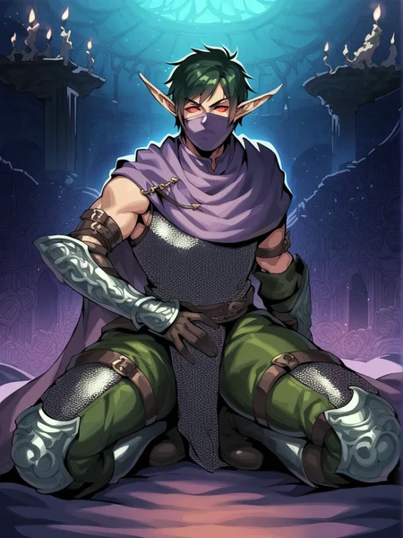 score_9, score_8_up, score_7_up, <lora:hommvdelf_ponyv1:1>hommdelf_ponyv1, 1boy, solo, male elf, short hair, dark green hair, red eyes, colored sclera, hommassasin, elf, long pointy ears, mask, mouth mask, armor, chainmail, greaves, boots, gloves, bracers, capelet, thigh boots, luxurious dark fantasy room, dim lit room, complex background, detailed background, black candles, dark walls, dark purple bed, high quality, detailed, intricate details, best quality,