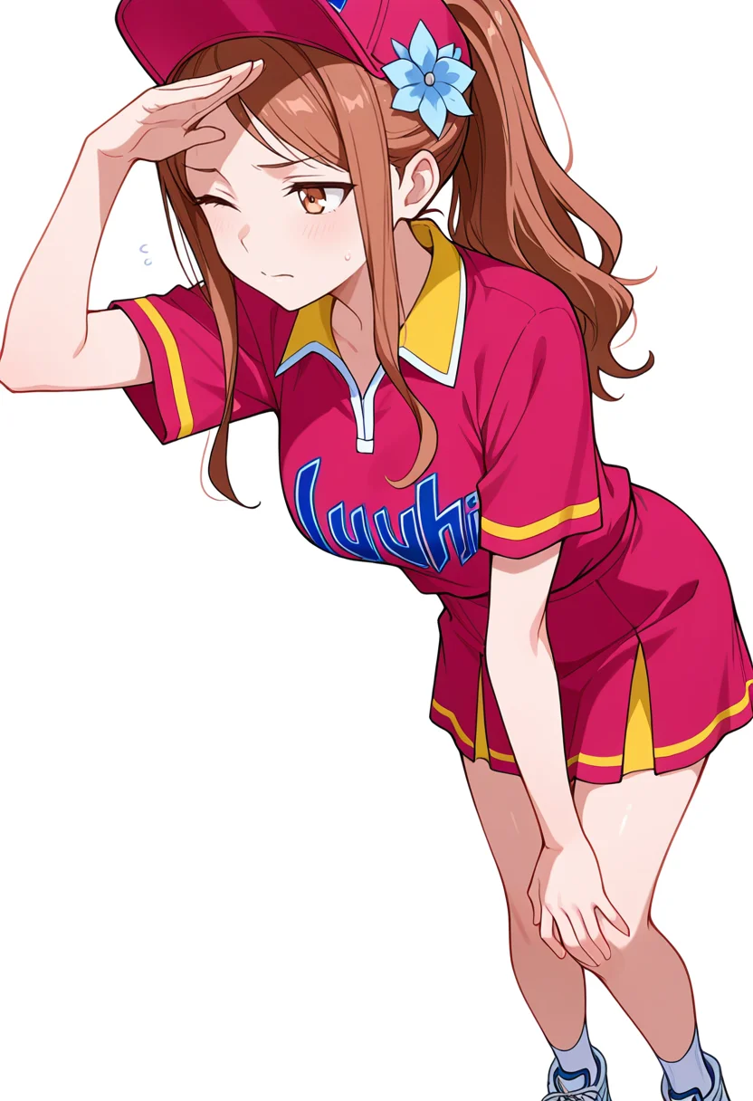 masterpiece,high quality details, absurdres,
 <lora:Aona:0.8>
aona_cnr, 1girl, brown hair, long hair, ponytail, brown eyes, breasts
aona_s1,uniform_cnr, sportswear, shirt, short sleeves, shorts, skirt, socks, sneakers, hat, hair flower,, simple background, white background, dutch angle,solo,, wince,in heat,, hands on knees,arm draped over forehead,one hand on hip,