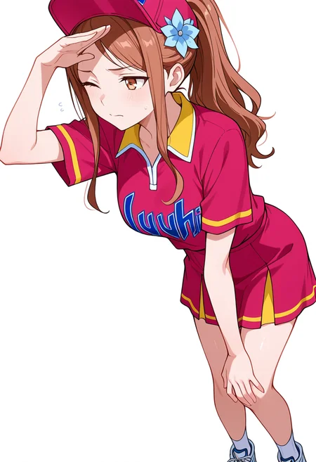 masterpiece,high quality details, absurdres,
 <lora:Aona:0.8>
aona_cnr, 1girl, brown hair, long hair, ponytail, brown eyes, breasts
aona_s1,uniform_cnr, sportswear, shirt, short sleeves, shorts, skirt, socks, sneakers, hat, hair flower,, simple background, white background, dutch angle,solo,, wince,in heat,, hands on knees,arm draped over forehead,one hand on hip,