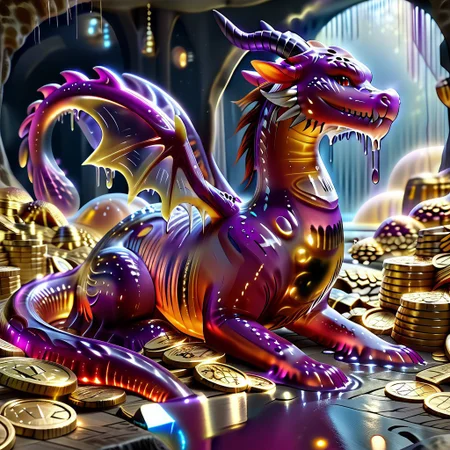 1dragon, highly detailed deep purple dragon, deep purple dragon made out of slime, scaly deep purple slime dragon, slime dragon with red eyes, deep purple slime dragon laying in its hoard, blue slime dragon with wings, dragon wings, detailed claws, detailed feet, detailed tail,
multi-colored gems made out of slime, in a room of treasure made out of slime, gold coins and bars made out of slime, piles of coins, piles of gold slime coins, piles of gold slime, tiny gold slime coins, no large coins, no medium coins, only tiny coins,
treasure-room, treasure, gemstone, coins, gold bars, gold pile,
everything made of slime, No simple background,
((translucent slime)), ((transparent slime)), (bioluminescent slime), sl1m3, slime, ais-blmn, watce, je11y, thickwater, great lighting, ral-lava, even lighting, no bright spots, saturated colors,