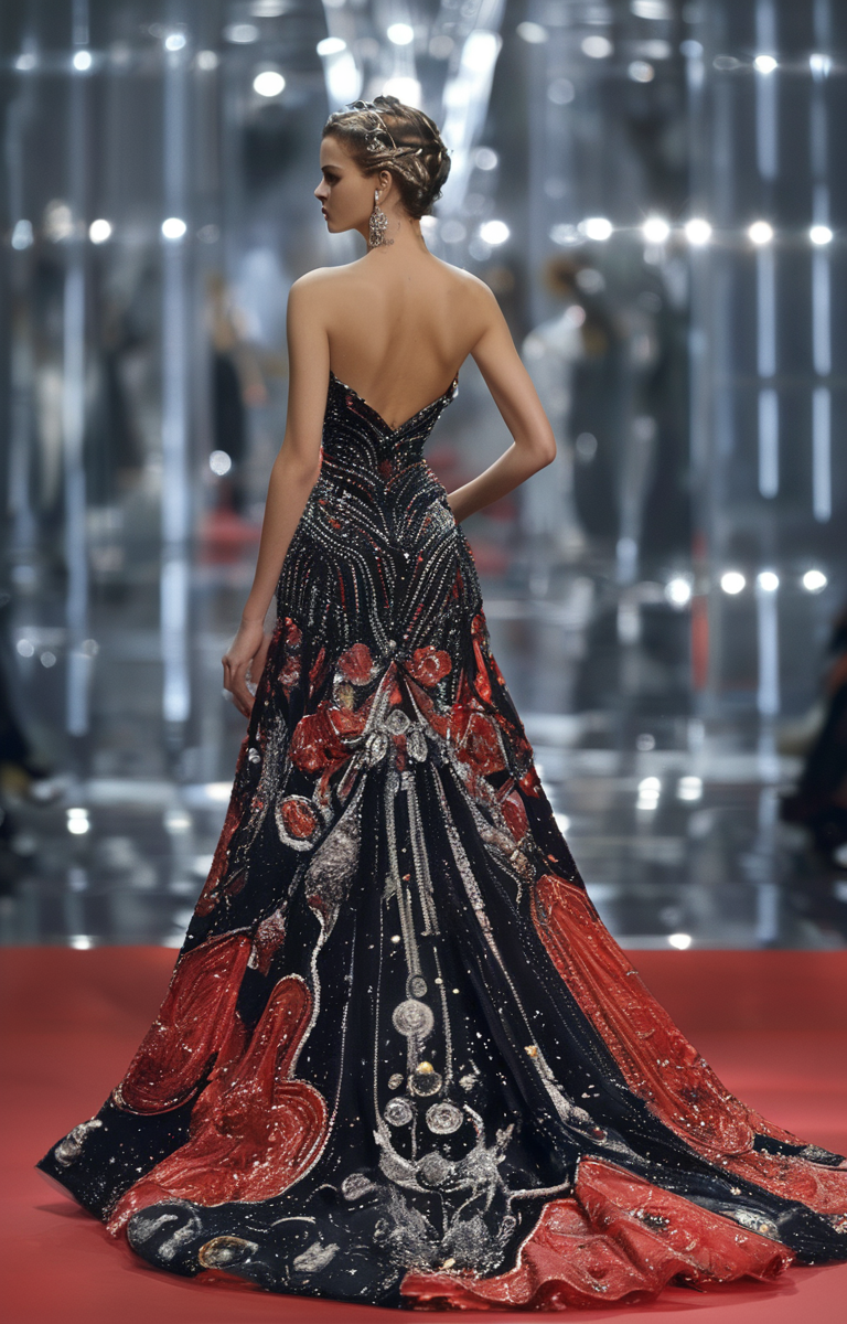 masterpiece,best quality,<lora:tbh322-sdxl:0.9>,illustration,style of Christian Dior Opulent Versace red carpet gown, dramatic train, crystal embellishments, celebrity event