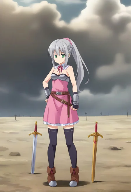 1girl, solo, ciellalanciel, grey hair, long hair, ponytail, braid, pink scrunchie, green eyes, pink dress, sleeveless, cleavage, detached collar, neck ribbon, armor, breastplate, arm_guards, black thighhighs, belt,boots, ubw,gears,weapon,sword,planted,planted sword, field of blades, standing, serious, full body
