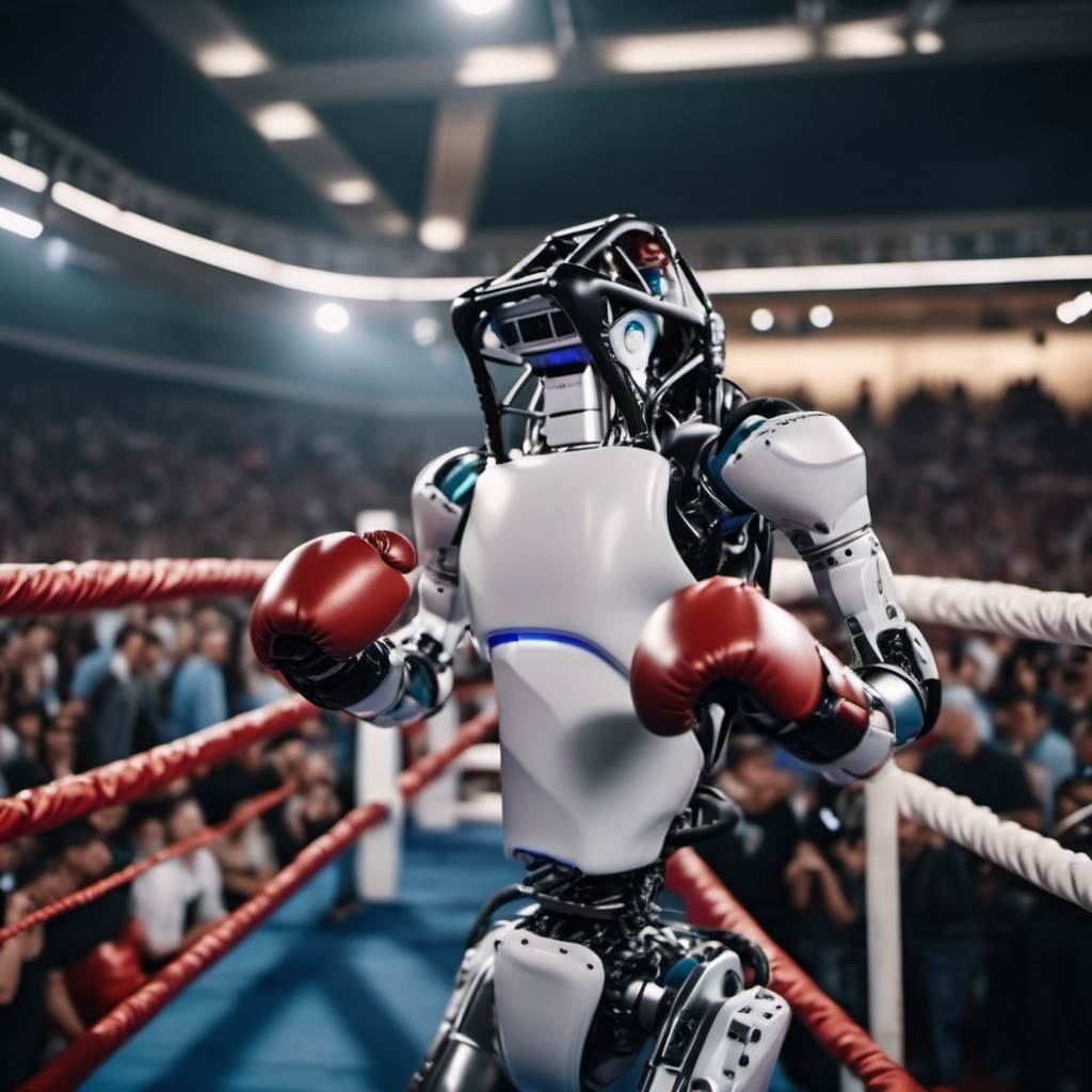 cinematic photo robots wears boxinggloves, boxing on a ring in a crowded stadium  <lora:Atlas1024-000160:0.8> . 35mm photograph, film, bokeh, professional, 4k, highly detailed