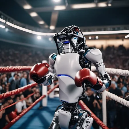 cinematic photo robots wears boxinggloves, boxing on a ring in a crowded stadium  <lora:Atlas1024-000160:0.8> . 35mm photograph, film, bokeh, professional, 4k, highly detailed