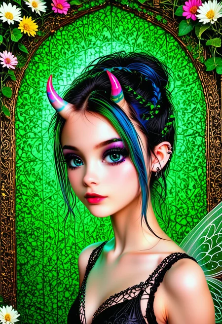 Goth, emo, fairy, humanoid feminine fairy with a pale mauve skin, intricate pearlescent horns, and multiple eyes, set against a vibrant green background. The fairie face is expressive, with a hint of curiosity and intelligence in its gaze. Its body is covered in intricate patterns and markings, suggesting a complex and ancient culture. The background is filled with flowers andushrooms, creating a sense of mystery and wonder. The flowers in her hair are a perfect, and they add a touch of femininity to her otherwise magical appearance. The forest is a perfect setting for this image, and it adds to the overall sense of mystery and intrigue. The fairies wings are sleek and shiny.
BREAK
HDR, (high contrast), (vibrant color), (ultra sharp), detailed textures, sharp focus, ultra-high pixel detail, intricate, realistic, movie scene, cinematic, high-quality, full colors, incredibly detailed, 4k, 8k, 16k, hyper-realistic, RAW photo, masterpiece, ultra-detailed, professionally color graded, professional photography, stunning quality, ultra-high resolution, photorealistic, 8k, hyper-realistic, Rembrandt lighting