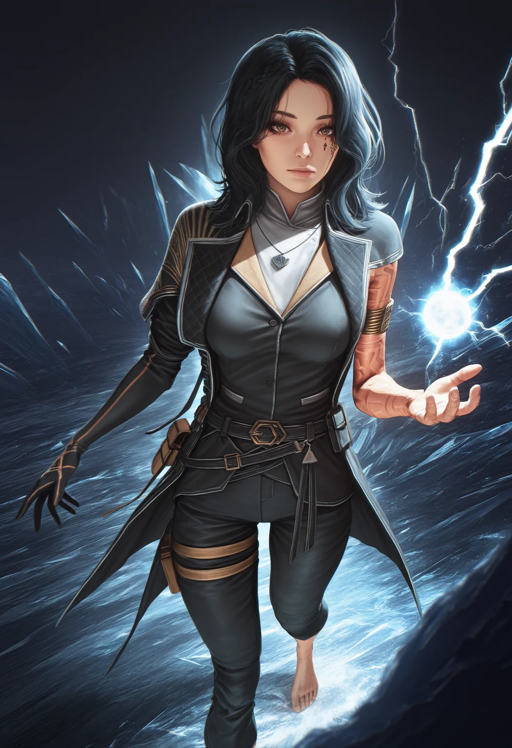 masterpiece, best quality, amazing quality, 1girl, <lora:lune_illustrious_byJaneB:1>, lun3e33,
facial tattoo, arm tattoo, coat, single glove, upper body, armlet, necklace, vivid colors, sharp, pants, belt, barefoot, ice magic, lightning, light, fire, earth