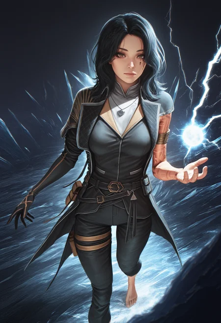 masterpiece, best quality, amazing quality, 1girl, <lora:lune_illustrious_byJaneB:1>, lun3e33,
facial tattoo, arm tattoo, coat, single glove, upper body, armlet, necklace, vivid colors, sharp, pants, belt, barefoot, ice magic, lightning, light, fire, earth