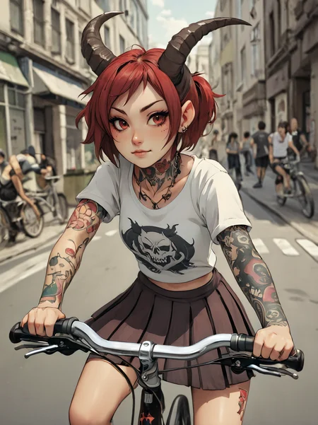 (anime style:1.2)
close-up image of a cute horned red skin demon girl wearing a tshirt and pleated skirt with tattoos riding a bicycle in the city
<lora:Simlish-000007 (1):1.2>
