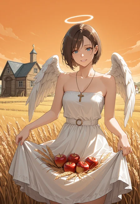 masterpiece, best quality, highres, absurdres, very awa, 1girl, solo, JVRE3, brown hair, bob cut, short hair, angel, angel wings, halo, white dress, bare shoulders, wheat field, outdoors, wind, skirt basket, skirt hold, blue eyes, cross, farm, house, scenery, landscape, looking at viewer, wheat, orange sky, apple, parted lips, smile