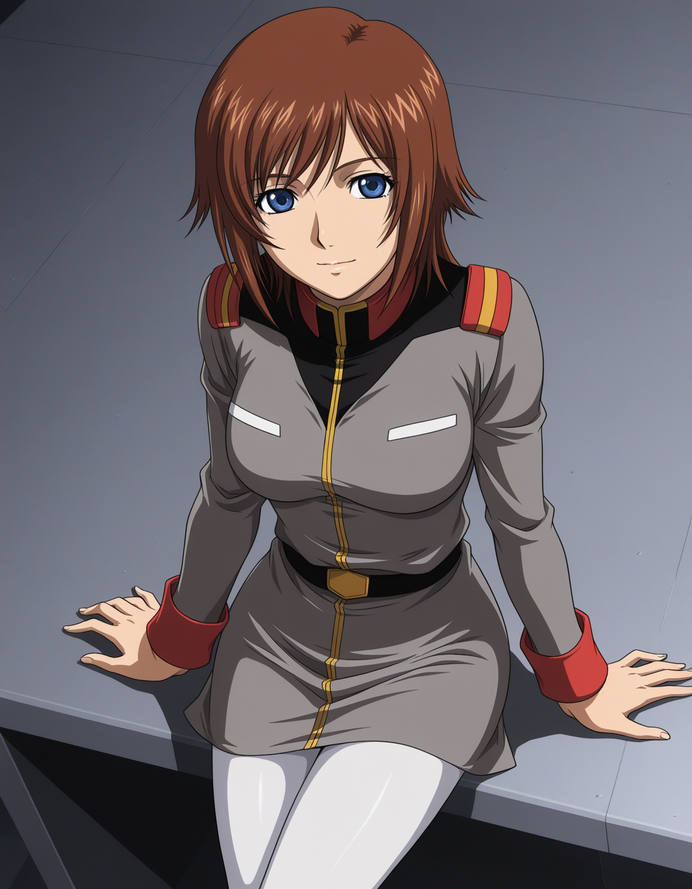 1girl, solo, miyu takizawa, brown hair, flipped hair, medium hair, blue eyes, light smile, military uniform, grey clothing, earth federation, white pantyhose, cowboy shot, sitting on desk, (from above:0.5), military base, anime coloring , dark theme, low light, 2010s \(style\) <lora:miyu_takizawa_illustrious_v1-l:0.6>